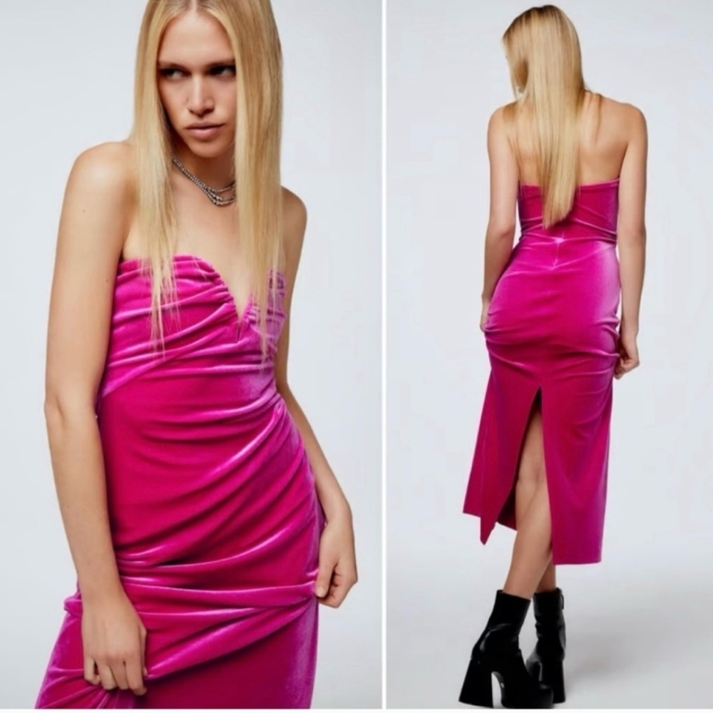 Zara Vibrant Fuchsia Midi Strapless Dress